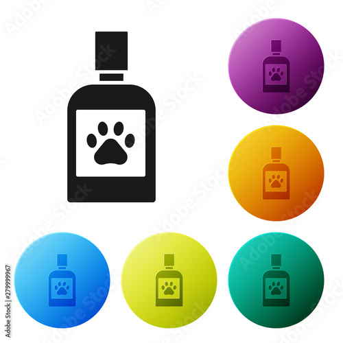 Black Dog medicine bottle icon isolated on white background. Container with pills. Prescription medicine for animal. Set icons colorful circle buttons. Vector Illustration