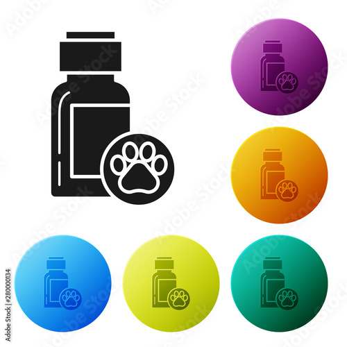 Black Dog medicine bottle icon isolated on white background. Container with pills. Prescription medicine for animal. Set icons colorful circle buttons. Vector Illustration