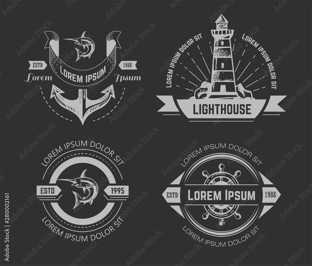 Nautical or marine symbols isolated chalk sketch icons