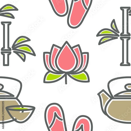 Beauty and spa lotus and bamboo teapot and cup seamless pattern