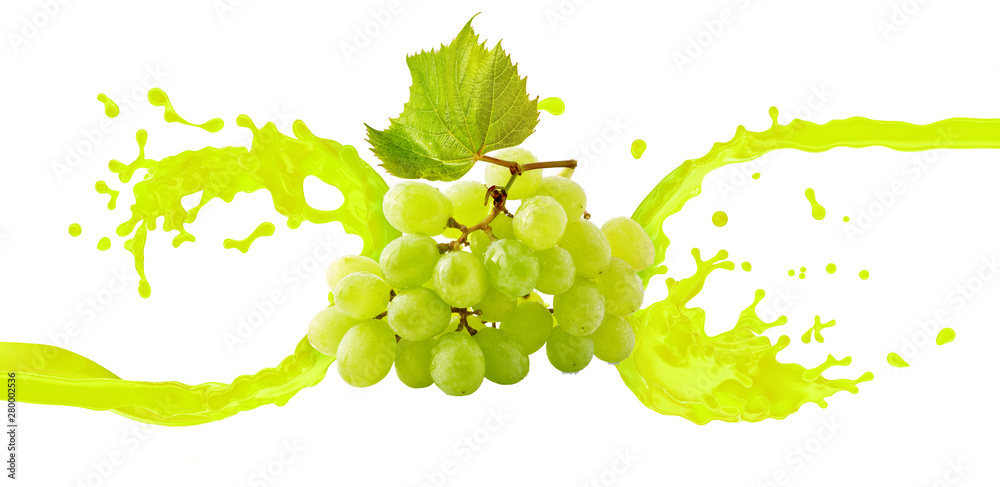 Fresh healthy grape juice or wine 3D splash swirl with ripe bunch of grapes. Tasty berry juice splashing grape juice isolated banner. Liquid juice, wine drink package advertising label design element