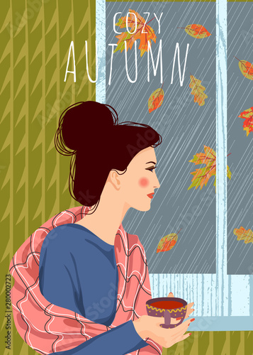 Cozy autumn. Cute vector vertical illustration of woman with a cup of tea looking out the window. It's raining outside and the leaves are falling.