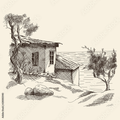 Seascape in summer sunny hot day. Old houses with a tin roof and trees on the beach. Hand sketch in vector.