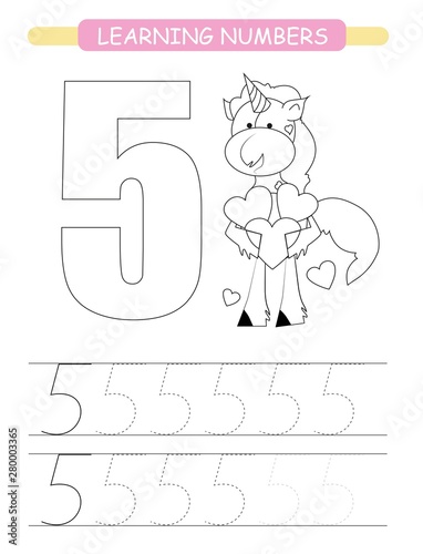 Funny children flashcard number five. Unicorn with hearts learning to count and to write. Coloring printable worksheet for kindergarten and preschool. Number writing practice 5.