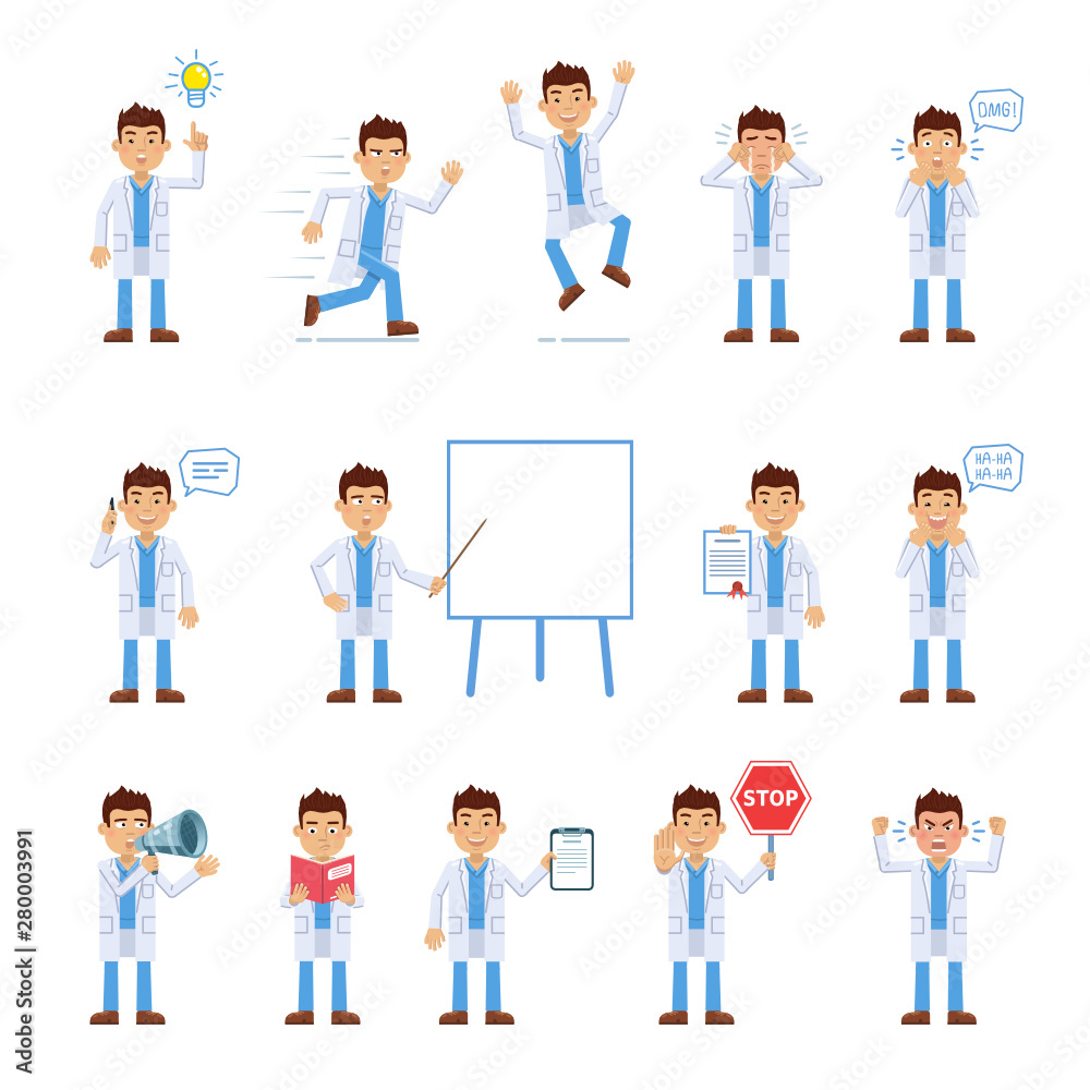 Set of doctor characters posing in different situations. Cheerful assistant pointing up, running, jumping, crying, talking on phone and showing other actions. Simple style vector illustration