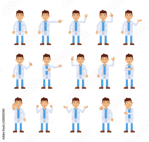 Big set of doctor characters showing different hand gestures. Cheerful assistant showing thumb up, pointing, waving, greeting and other hand gestures. Simple style vector illustration