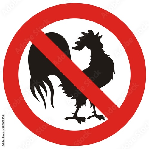 No Roosters Allowed. Roosters prohibited sign. Crowing rooster silhouette inside circle backslash symbol.