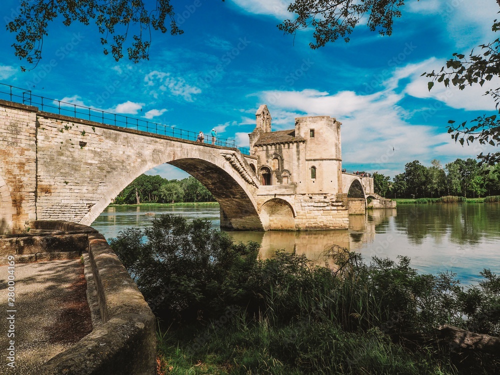 Pont St-Benezet in Avignon, Provence, France. Photo taken on the shore because of the grass and reeds