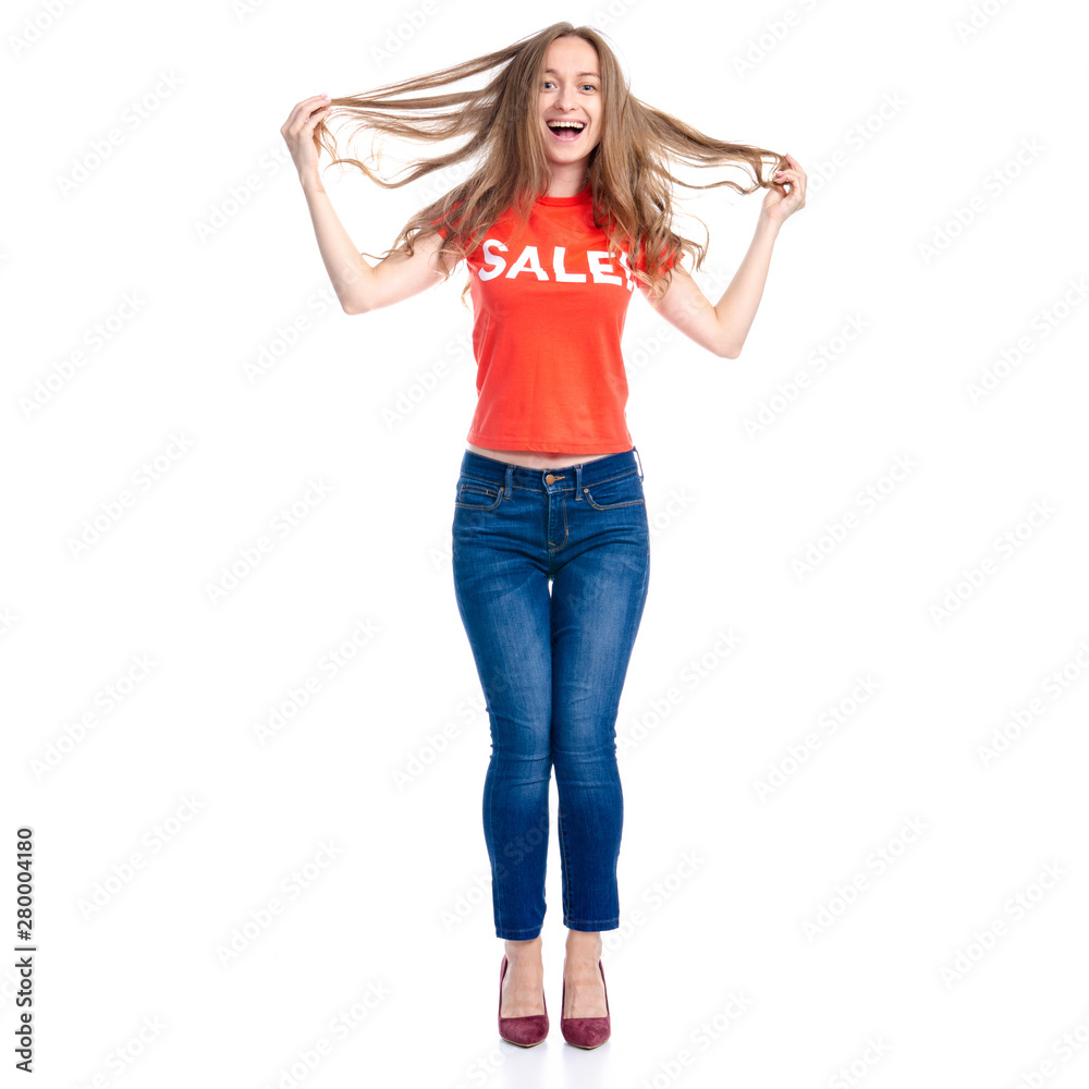 Woman in shirt and high heels shoes sale shopping fashion on white background isolation Woman in shirt and high heels shoes sale shopping fashion on white background isolation