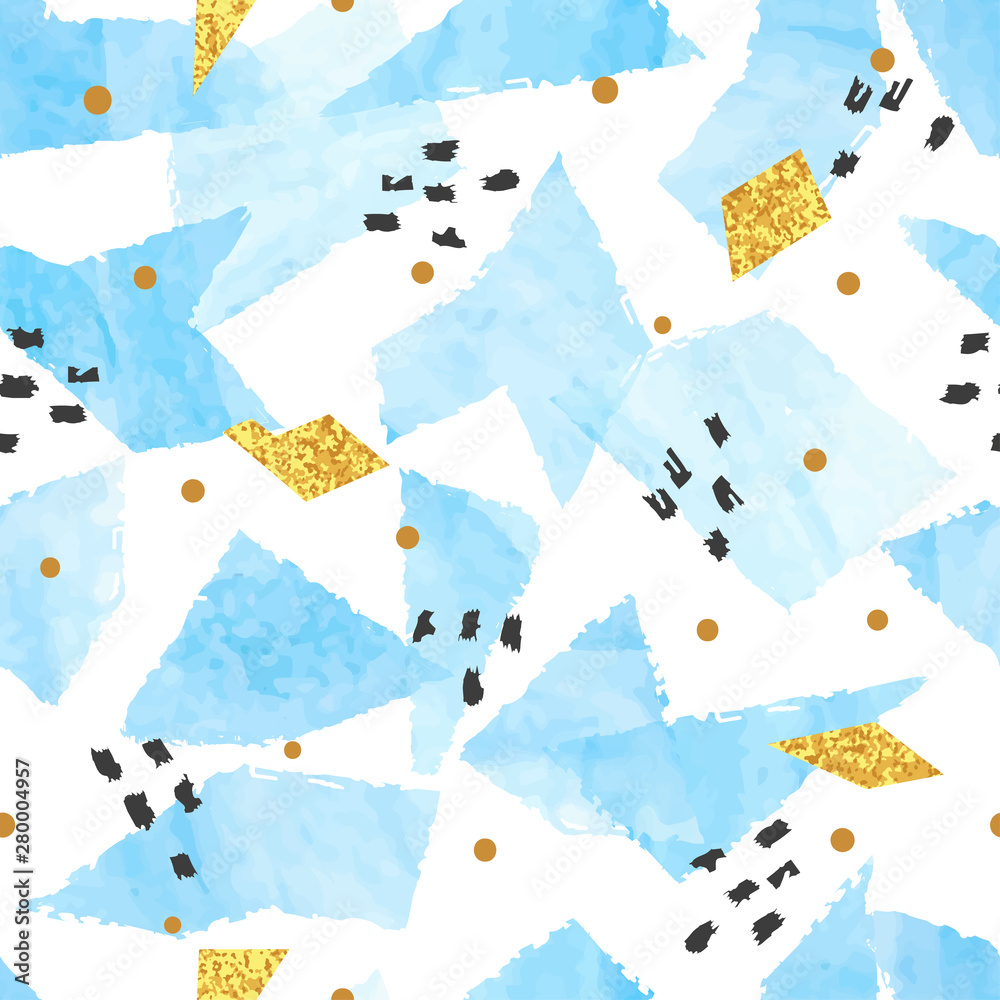 Seamless abstract celebration pattern. Vector background with blue watercolor geometric shapes.