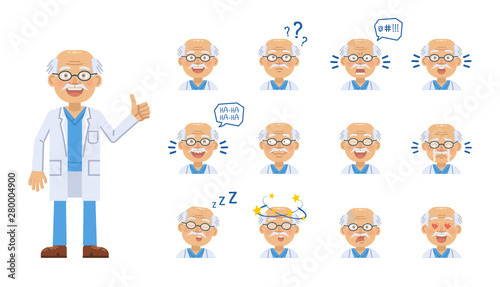 Big set of old professor emoticons. Professor avatars showing different facial expressions. Happy, sad, cry, laugh, smile, angry, surprised, in love and other emotions. Flat vector illustration