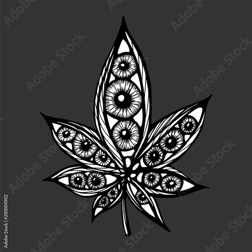 Single Cannabis Leaf. Hand Drawn Sketch Artwork