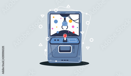 Claw crane game machine, flat design concept.