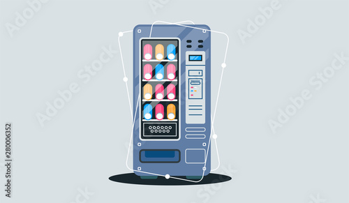 Vintage vending machine advertisement poster with snacks and drinks packaging set