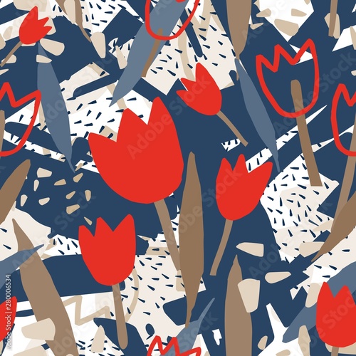 Modern seamless pattern with rough abstract shapes and blooming tulip flowers...