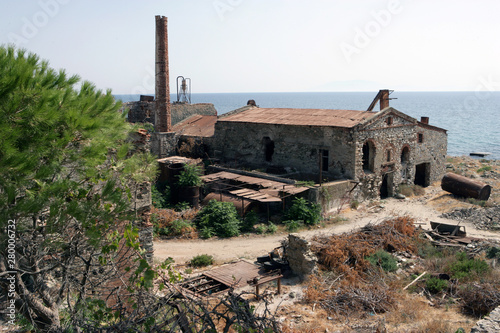 Greece island of Lesbos abandoned factory chimney