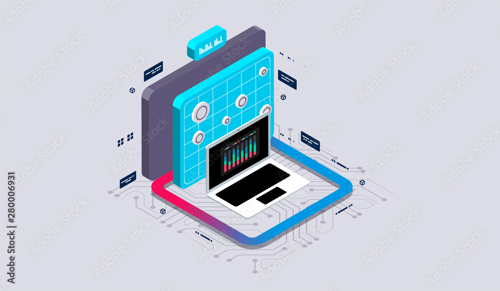 Isometric design concept virtual reality and augmented reality. software development and programming. Computation of big data center, quantum computer isometric vector technology