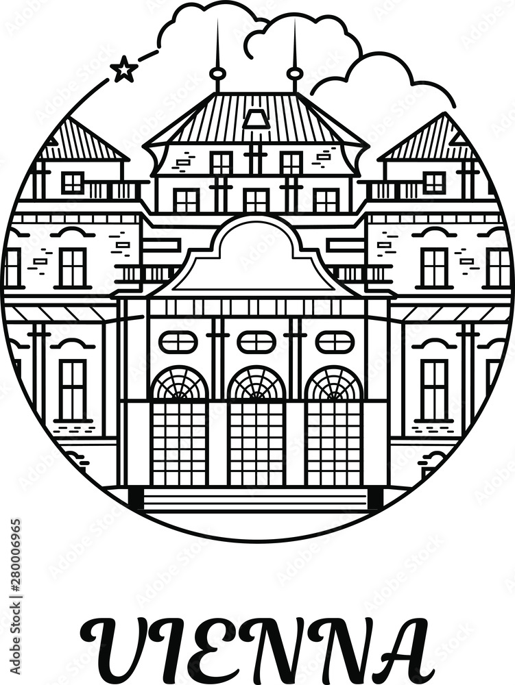 Belvedere Gallery in Vienna on white isolated background. Austrian landmarks. Famous tourist building. Greeting Austrian monuments. Vector icon in line art style. 