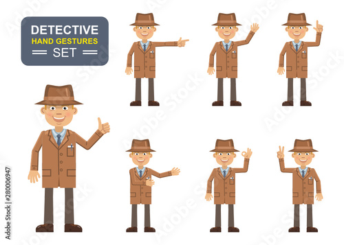 Set of detective characters showing different hand gestures. Cheerful inspector showing thumb up gesture, greeting, waving, this way, pointing, victory hand. Flat style vector illustration