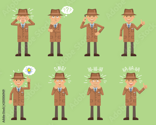 Set of detective characters posing in different situations. Cheerful detective thinking, crying, talking on phone, pointing up, surprised, laughing, shocked. Flat style vector illustration