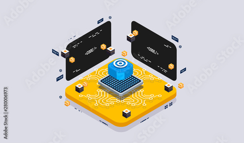 Isometric design concept virtual reality and augmented reality. software development and programming. Computation of big data center, quantum computer isometric vector technology