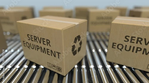 Cartons with server equipment on roller conveyors. Loopable 3D animation photo