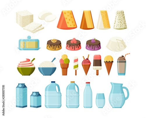 Dairy products flat set isolated. Milk, cheese and ice cream