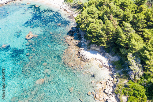Fototapeta Naklejka Na Ścianę i Meble -  Aerial view of green seashore and turquoise sea water. Island with green trees in the ocean seen form above.