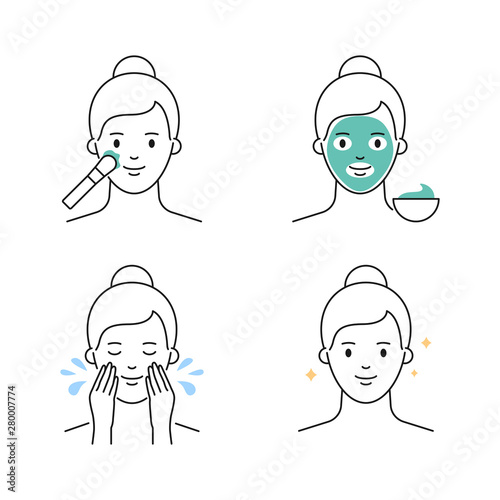 Facial clay mask applying vector icons