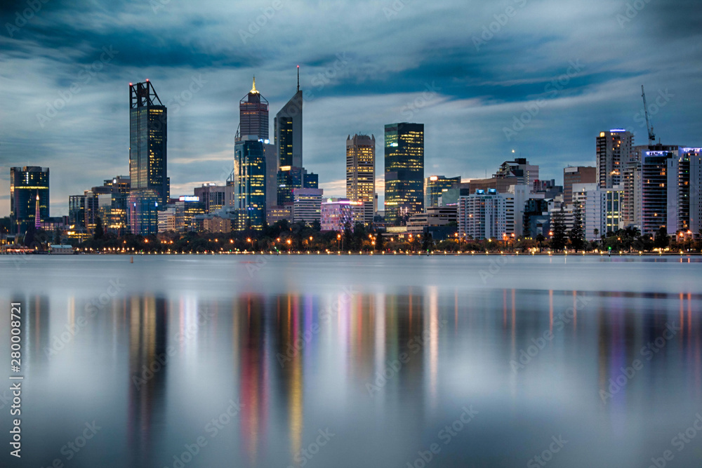 Perth City Reflections at Dusk on Cloudy Night