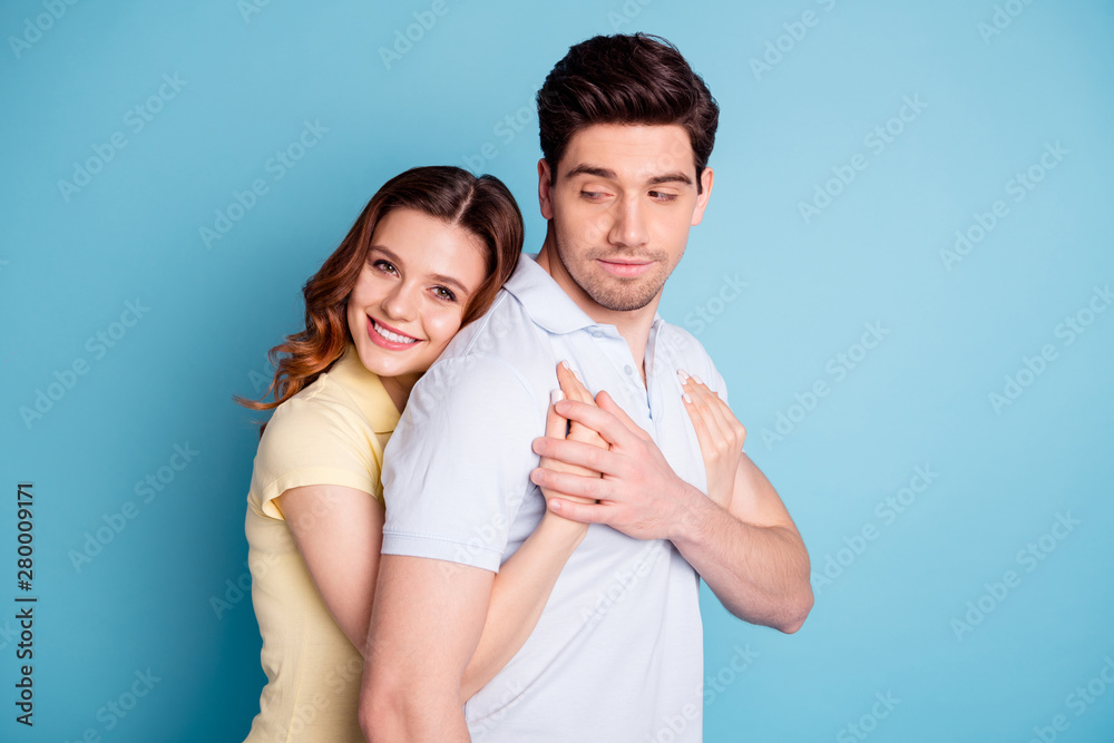 Profile side view portrait of his he her she nice attractive lovely gentle cheerful peaceful calm people wearing casual cuddling isolated over bright vivid shine blue green background Profile side view portrait of his he her she nice attractive lovely gentle cheerful peaceful calm people wearing casual cuddling isolated over bright vivid shine blue green background