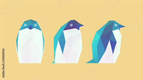 Penguin. Set of Blue Penguins on Yellow Background. Low Poly Vector 3D Rendering