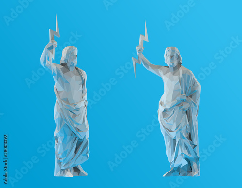 Plaster Zeus. Set of White Zeus on Blue Background. Low Poly Vector 3D Rendering