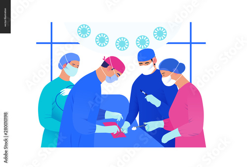 Medical insurance - surgery and surgical procedures -modern flat vector concept digital illustration - surgeons and operation nurses on surgical operation in operating room, team of doctors concept