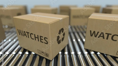 Cartons with watches on roller conveyors. Loopable 3D animation photo