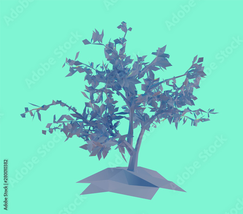 Blue Tree on Green Background. Low Poly Vector 3D Rendering