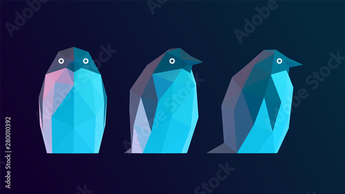 Vibrant Penguin. Set of Holographic Penguins on Isolated Background. Low Poly Vector 3D Rendering