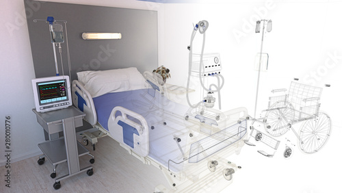 Fototapeta Naklejka Na Ścianę i Meble -  Empty hospital room with empty modenr bed with patient monitoring functions, in the background a wheelchair, 3d rendering, 3d illustration