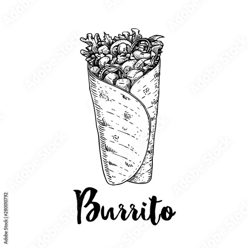 Hand drawn sketch style burrito wrap. Traditional Mexican cuisine illustration. Fast food. Street food drawing. Best for restaurant menu and package design.