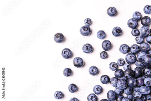 Perfectly ripe freshly picked local produce blueberries. Close up, copy space for text, top view, background. Healthy vegan snacks full of antioxidants. Seasonal summer berries.