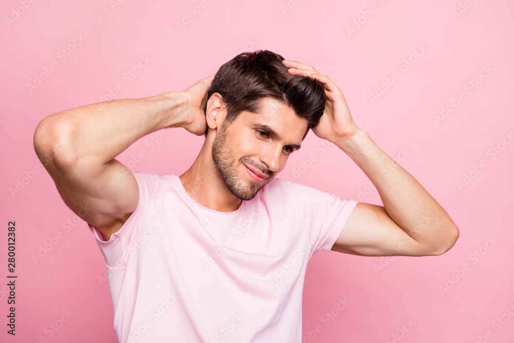 Close-up portrait of his he nice attractive handsome lovely well-groomed virile muscular cheerful cheery content guy touching soft hair keratin repair isolated over pink background Close-up portrait of his he nice attractive handsome lovely well-groomed virile muscular cheerful cheery content guy touching soft hair keratin repair isolated over pink background