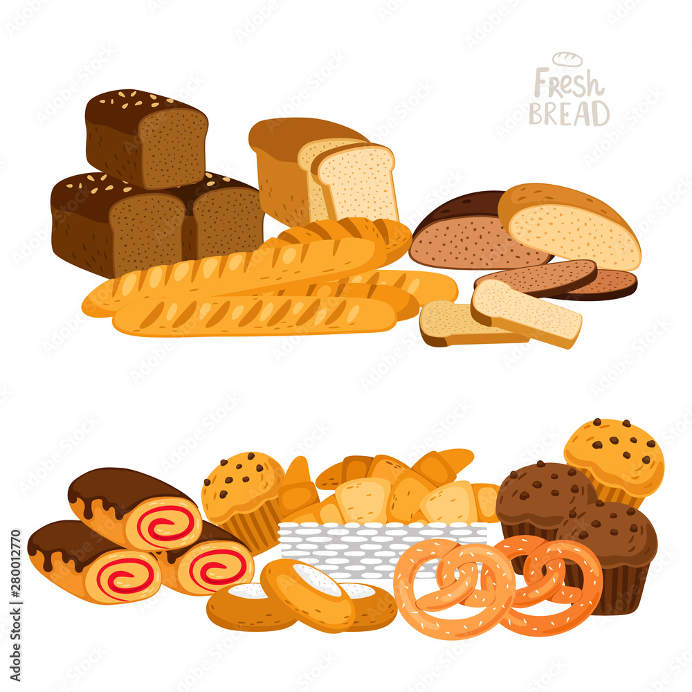 Fresh bread, bakery vector illustration. Bread, pastry, buns isolated on white background Fresh bread, bakery vector illustration. Bread, pastry, buns isolated on white background