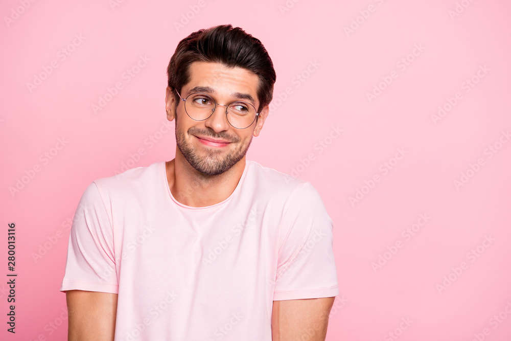Close-up portrait of his he nice attractive lovely cheerful cheery intelligent shy guy wearing specs don't know what to do isolated over pink pastel background Close-up portrait of his he nice attractive lovely cheerful cheery intelligent shy guy wearing specs don't know what to do isolated over pink pastel background
