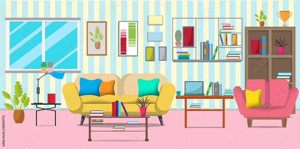 The living room with furniture.There are many things such as books,cabinet, windows,lamps,small trees,sofa, the wall room.The consists of pictures.Flat style vector illustration. The living room with furniture.There are many things such as books,cabinet, windows,lamps,small trees,sofa, the wall room.The consists of pictures.Flat style vector illustration.