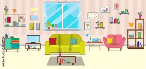Fototapeta Naklejka Na Ścianę i Meble -  The living room with furniture.There are many things such as books,cabinet, windows,lamps,small trees,sofa, the wall room.The consists of pictures.Flat style vector illustration.