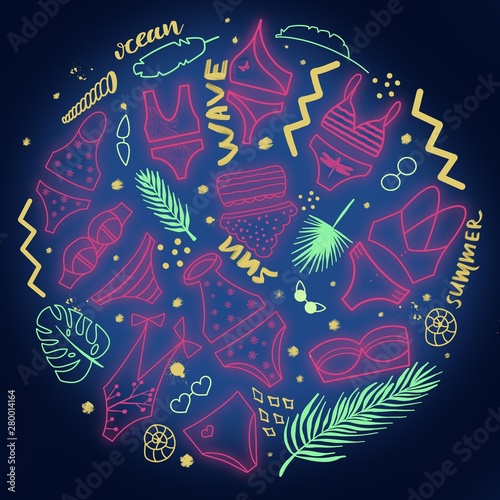  illustration set of hand-drawn swimwear. Doodle style beachwear art in monochrome on white background. Great for prints, site, stickers, posters, postcards, invitation and any your design.