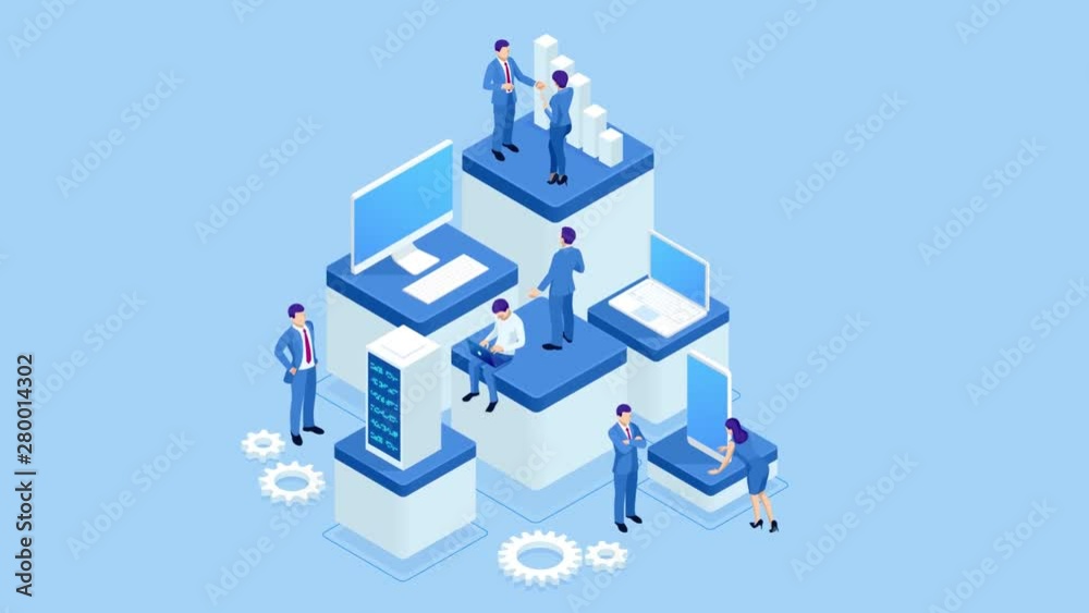 Isometric Expert team for Data Analysis, Business Statistic, Management, Consulting, Marketing. Advanced Analytics, Research, Audit, Demographics, AI, Planning, Management. HD Video.