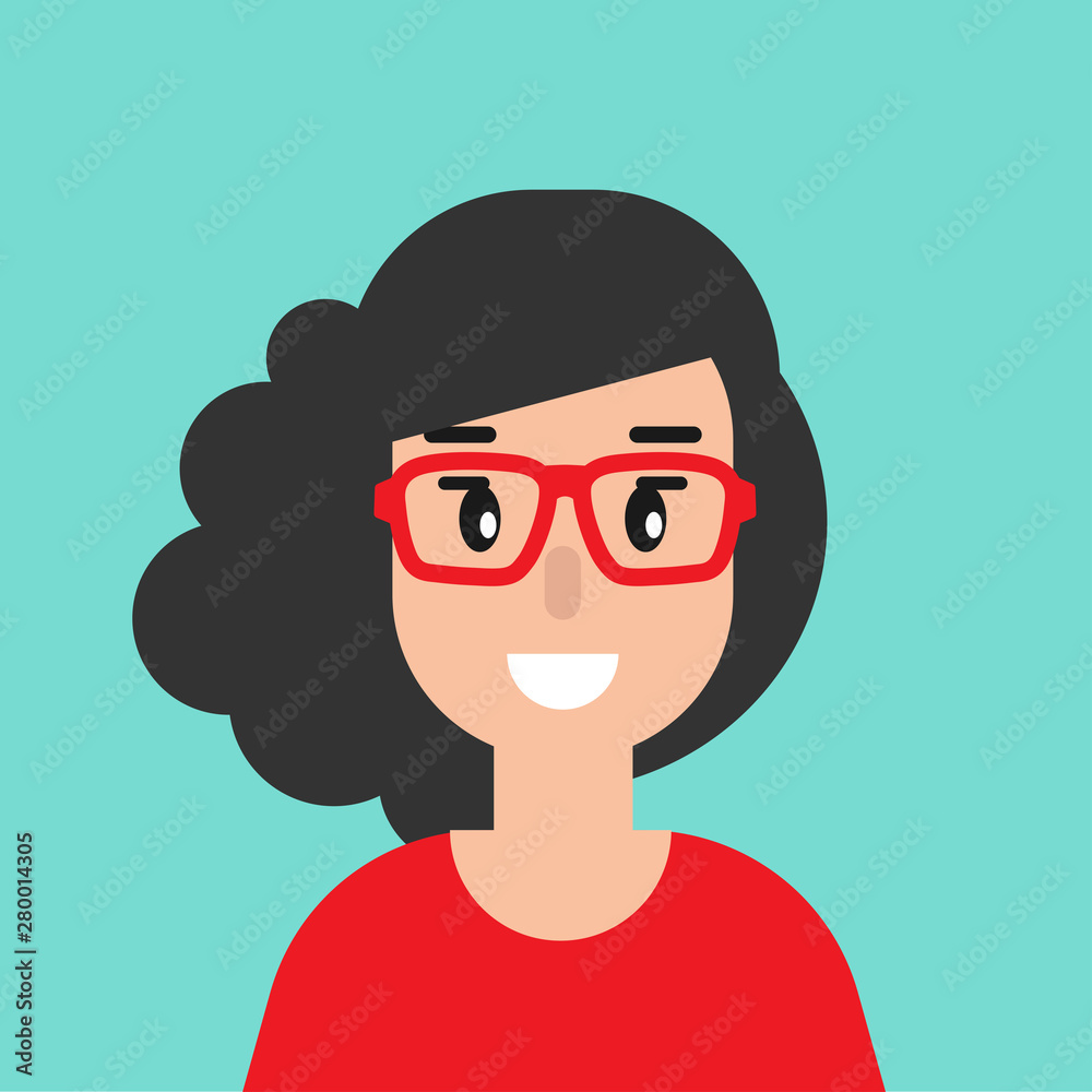 smiling girl avatar. cute smiling woman with black hair. flat icon on blue background.