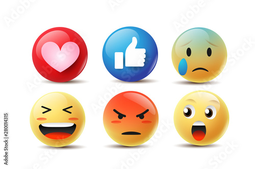 Emoji Feeling Faces Vector. Communication Chat Elements in yellow ball bubble 3D face. Lovely social media icon stickers. Modern and Creative design in EPS10 vector illustration.