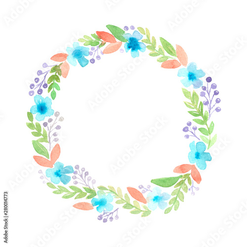 Watercolor hand painted botanical wreath of blue flowers isolated on white background.